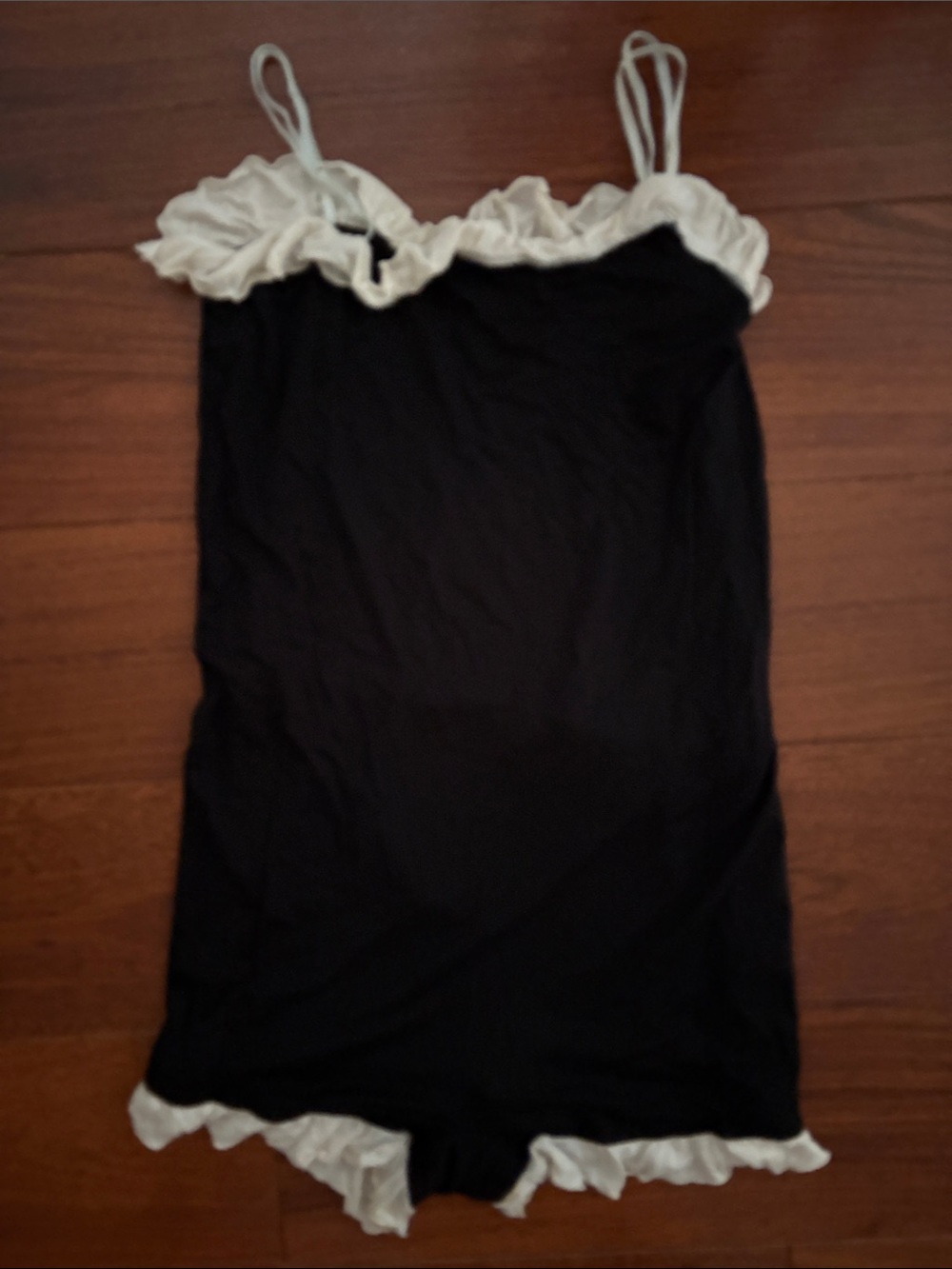 Bordeaux Black Cami Romper with Cream Ruffle Trim